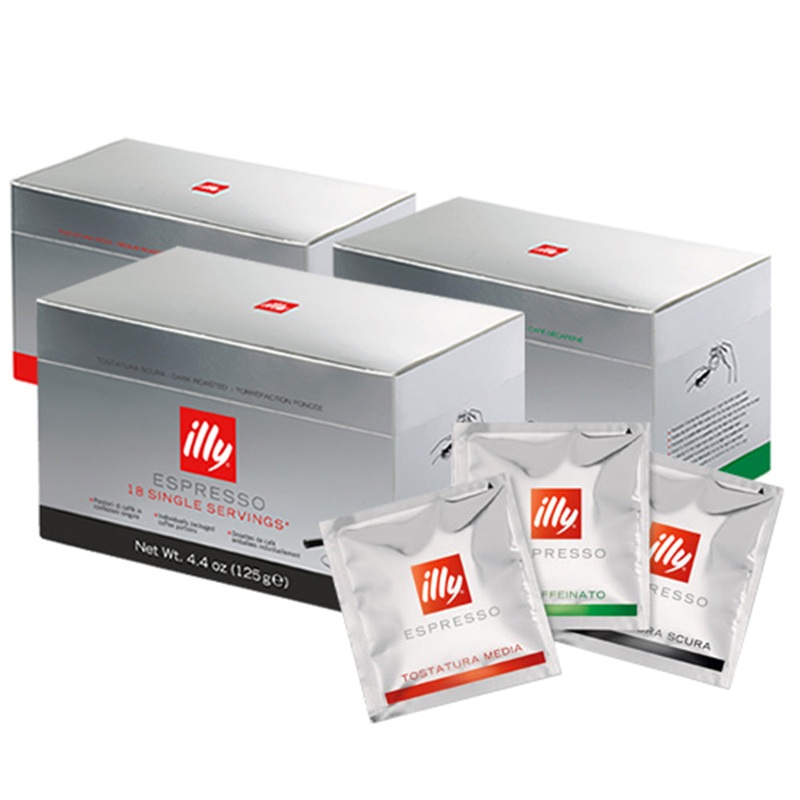 illy E.S.E. Pods 3 Pack featuring Classico Coffee – Medium Roast, Intenso Coffee – Dark Roast and Decaffeinated Classico Coffee